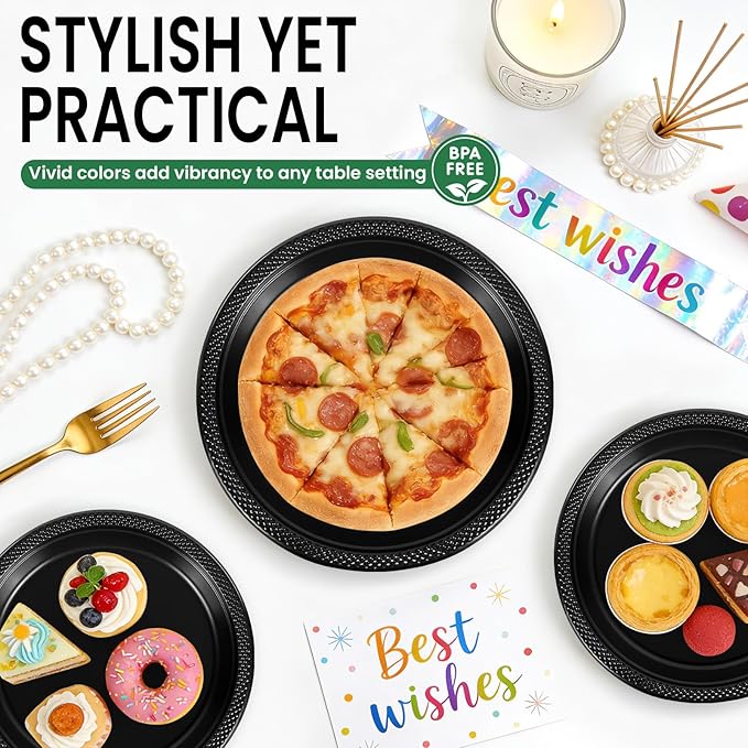 LANLISA 50 Pcs Black Plastic Plates For Party, 25-9" & 25-7" Disposable Cake Dessert Plates For Birthday, Graduation, Halloween Dinner