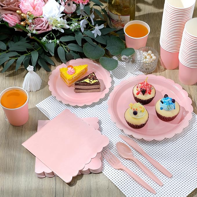 Ziliny 350 Pcs Light Pink Plates and Napkins, 50 Guest Spring Party Supplies Include Scalloped Paper Plates Napkins Cups Plastic Spoons Forks Knives Disposable Tableware Set for Baby Shower