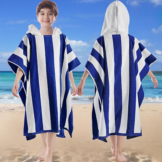 VOOVA & MOVAS Hooded Beach Towels for Big Kids | Teens (8-16Years), Absorbent 100% Cotton Poncho Towel for Kids, Perfect for Pool, Beach, Bath and Gifts, Gem Blue Cabana Stripe