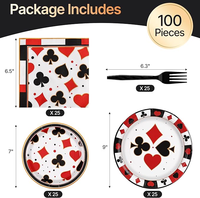 100 Pcs Casino Party Supplies for 25 Guests, Heavy-Duty 7" & 9" Paper Plates, 2-Ply 13" Napkins & Plastic Forks, Disposable Tableware Set for Casino Night Vegas Game Night and Poker Party