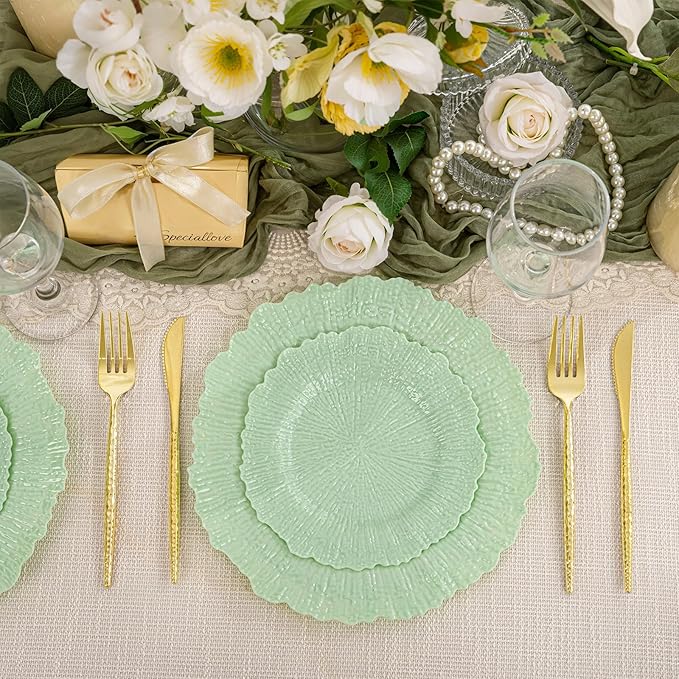 DaYammi 60 PCS Green Plastic Plates,Reef Plate Disposable & Reusable-Heavy Duty Plastic Plates for Party Including 30 Dinner Plate, 30 Dessert Plate,Green Disposable plates for Dinner Parties