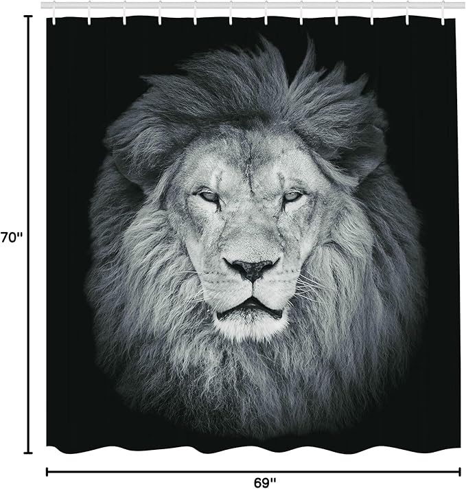 Ambesonne Savannah Shower Curtain, Huge Lion Head with Fure Mane Against Dark Background Monochromic, Cloth Fabric Bathroom Decor Set with Hooks, 69" W x 70" L, Green Grey