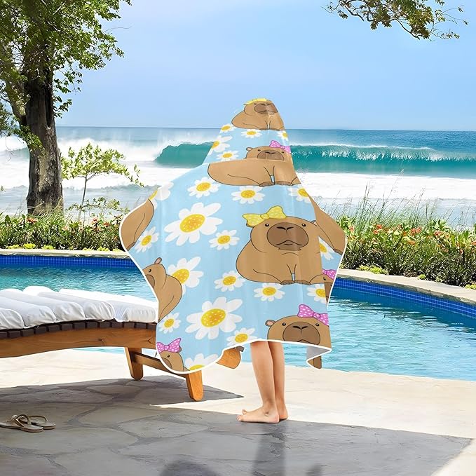 CEBUGI Cartoon Capybaras Hooded Bath Towel for Kids Absorbent Soft Bath Towel Wrap with Hood 50x23.5in Pool Beach Shower Towel for Boys Girls