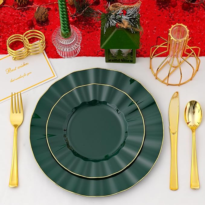 60Pcs Heavy Weight Green Plastic Plates with Gold Trim, Heavy Duty Green Disposable Plate, Elegant Party Plate Sets include 30 Dinner & 30 Dessert Plates for Wedding Party