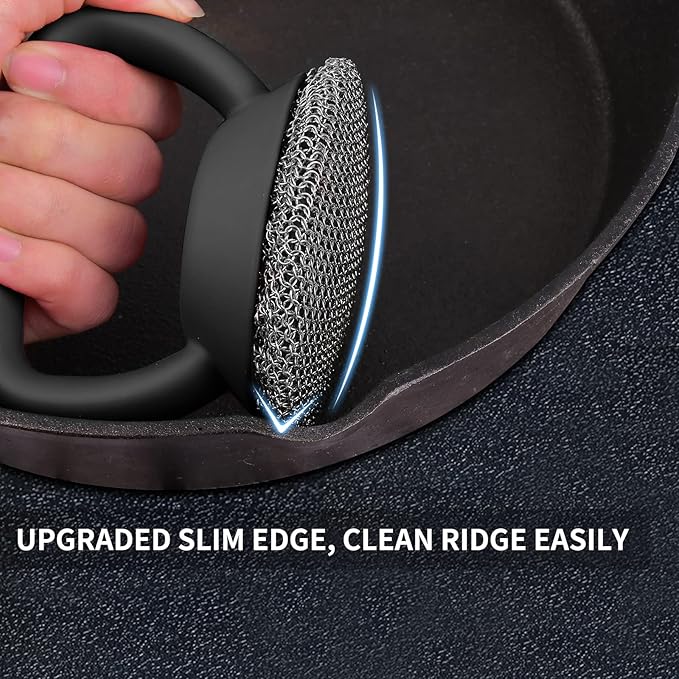 Cast Iron Cleaner Scrubber+Tray with Handle, Welded Chain Mail for Pan Pot Oven Wok Cleaning- Small Ring Metal Scrubber Scourer Scrub to Clean Skillet, Oven, Griddle, Wok Brush