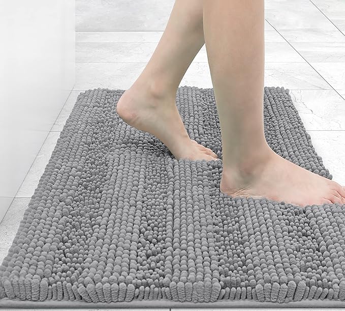 Grandaily Chenille Striped Bathroom Rugs 30x20, Extra Thick and Absorbent Bath Mats, Non-Slip Soft Plush Shaggy Shower Carpet, Machine Wash Dry, Bath Rug for Bathroom, (Medium, Dark Gray)