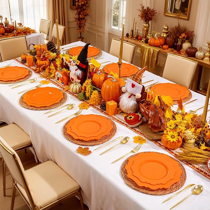 COLOSUS 60 pcs Orange Plastic Plates -Thanksgiving Plastic Plates for Party include 30 Dinner Plate and 30 Dessert/Salad Plate for Wedding,Party,Anniversary,Daily Use