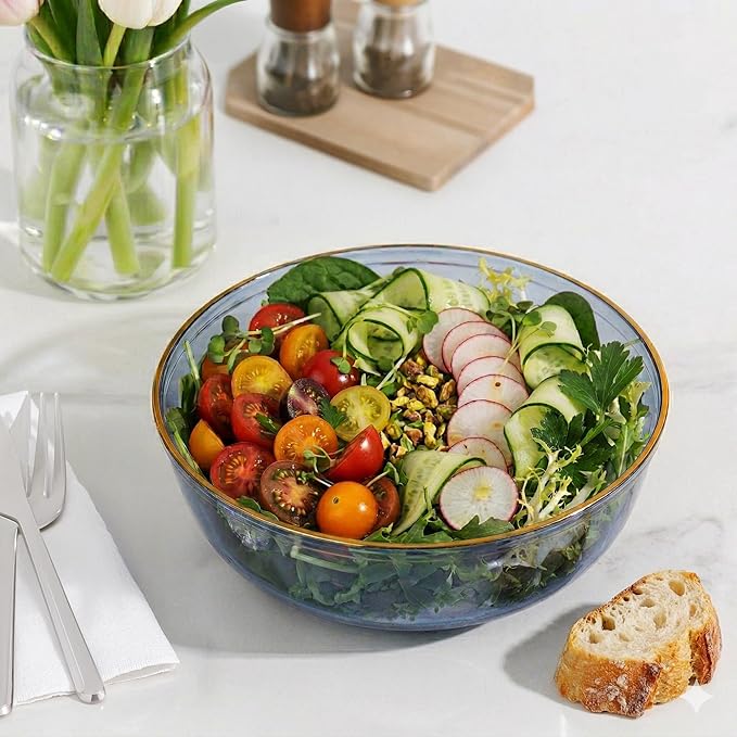 PLASTICPRO Plastic Party Plates Edge Collection Premium heavyweight Elegant Disposable Tableware Dishes (TRANSLUCENT BLUE WITH GOLD RIM, 16 OZ BOWLS)