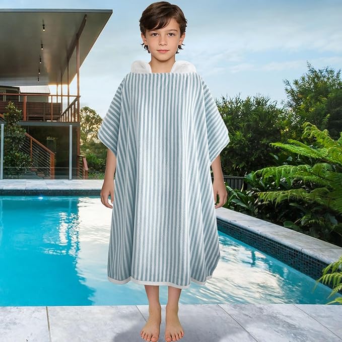 VOOVA & MOVAS Hooded Poncho Towel for Teens Unisex 100% Cotton Calm Gentle Beach Swim Bath Cover Up Teal White Stripe