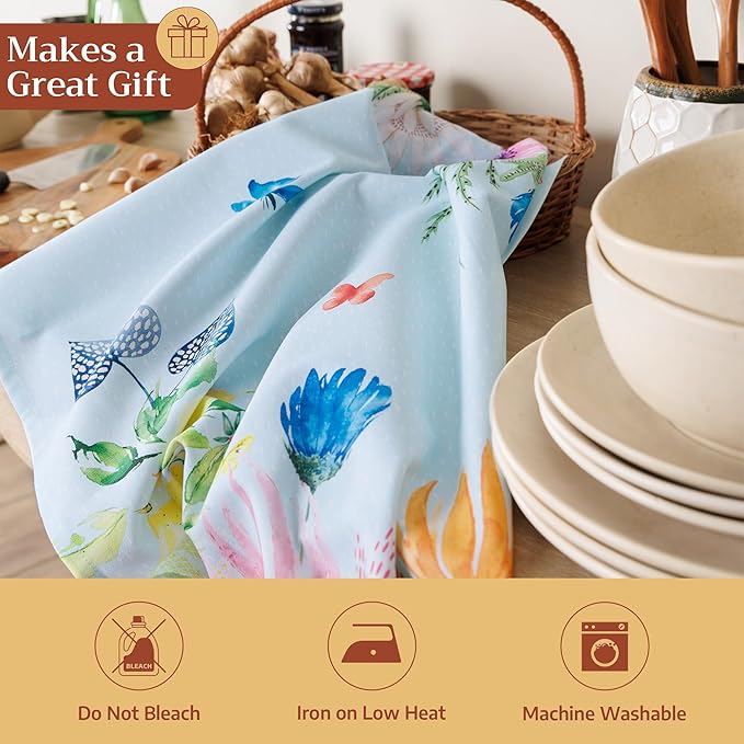 Maison d' Hermine Kitchen Towels Set of 3 100% Cotton 27.50" x 20" Reusable Cloth Tea Dish Towels Absorbent with Hanging Loop for Kitchen Farmhouse Hotel Spring Summer - Jardin D'Ete - Mint