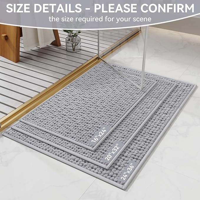 Bathroom Rugs Mat 16x24, Extra Soft Absorbent Chenille Bath Rug, Non Slip PVC Backing Washable Quick Dry Bath Mats for Bathroom Fit Under Door, Tub, Shower, Sink, Home Decor Accessories, Grey