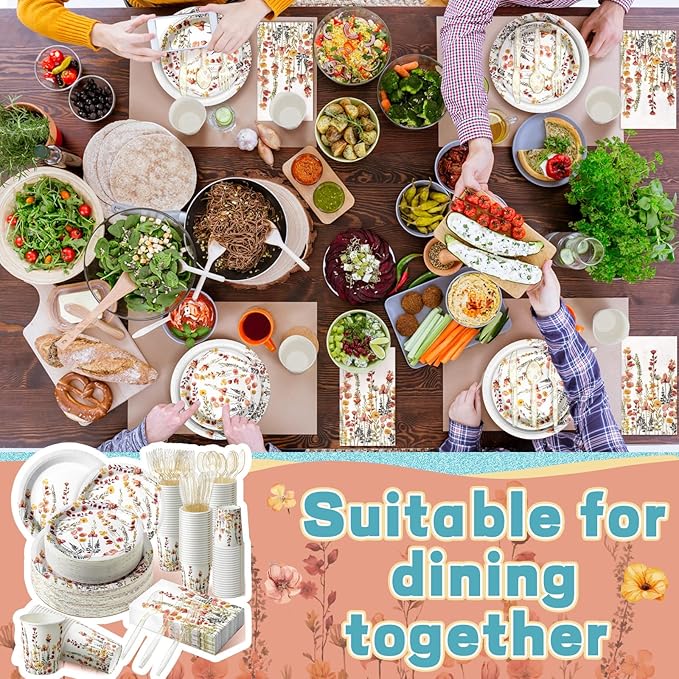 Sinmoe 400 Pcs Spring Plates and Napkins Set Paper Flower Dinnerware Disposable Party Supplies for 50 Guest Dinnerware Knife Fork Spoon for Spring Birthday Party(Classic Color,Flower)