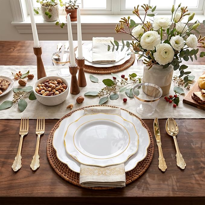 NOCCUR 175PCS Gold Plastic Plates with Disposable Silverware - White Gold Plastic Tableware Include 25 Dinner /25 Dessert Plates, 75 Cutlery, 25 Cups, 25 Napkins - Ideal for Party/Wedding