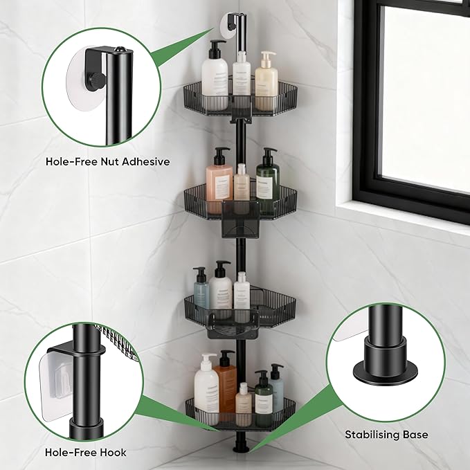 4 Tier Corner Shower Caddy with Modular Poles ABS Basket & Carbon Steel Shower Organizer Adjustable Tension Rod Screw Free Shower Caddy Wall Mounted Rack Shelves Storage Bathroom Accessories