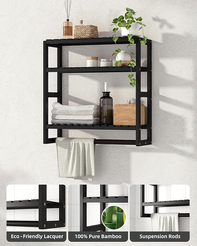 Galood Bathroom Shelves Towel Racks Over Toilet Storage with Towel Bar 3 Tier Floating Wall Mounted Space Saving Bamboo Paper Holder for Bathroom Laundry Room Kitchen Organizers (Black)