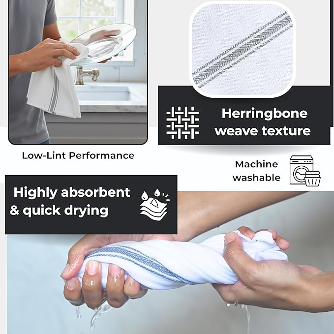 Bulk Kitchen Towels Cotton for Chefs in Commercial Restaurants - 15"X25" - 6 Pack - White Linen Tea Dish Towels - Lint Free Soft Absorbent Center Gray Striped Herringbone Weave Towles