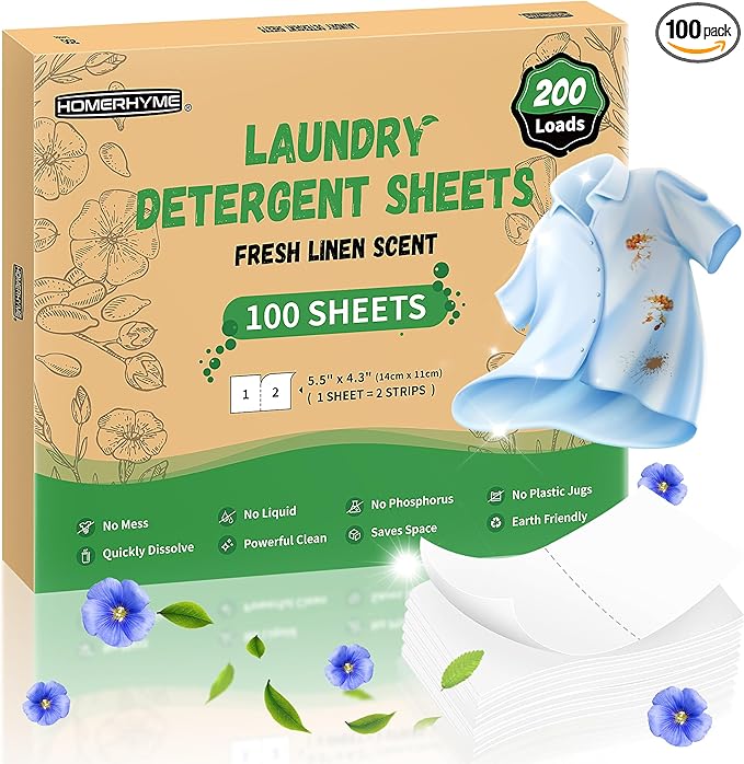 Laundry Detergent Sheets - Fresh Linen Scent, 200 Loads (100 Sheets), Plastic Free Laundry Sheets for Travel, Dorms, Home, Apartments, Eco & Hypoallergenic