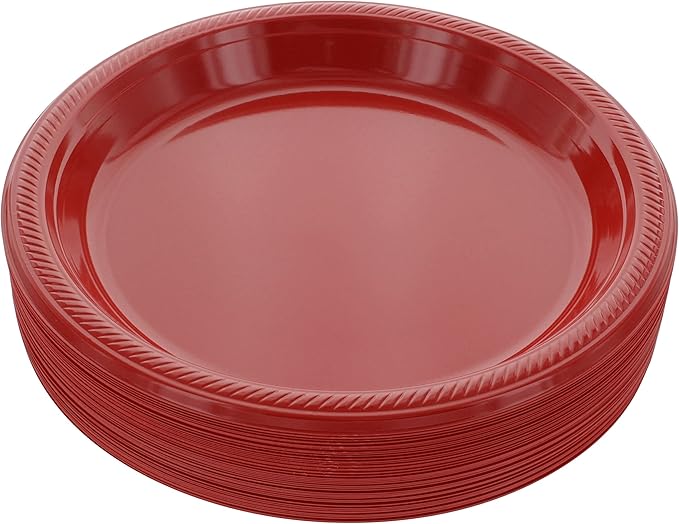 Amcrate Disposable Red Plastic Dinner Plates, 10.4 Inches, Strong and Sturdy for Party, Holiday, Picnic, or Travel - Pack of 50