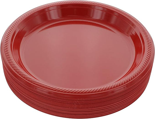 Amcrate Disposable Red Plastic Dinner Plates, 10.4 Inches, Strong and Sturdy for Party, Holiday, Picnic, or Travel - Pack of 50