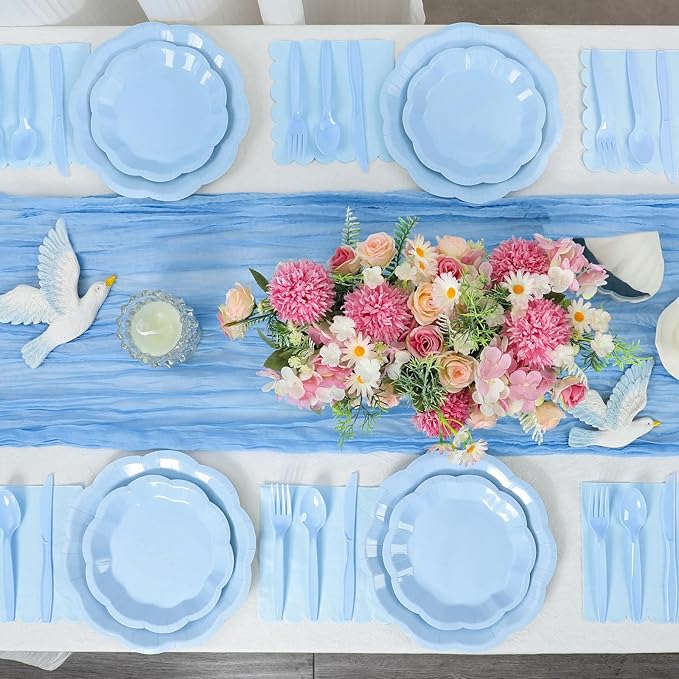 NatNarr 175 Pcs Light Blue Plates and Napkins Set, 25 Guest Blue Party Supplies Include Scalloped Plates Napkin Cup Forks Knives Disposable Plastic Cutlery for Wedding Boy Baby Shower Birthday