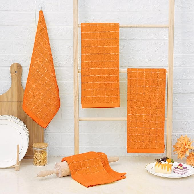 Homaxy 100% Cotton Terry Kitchen Towels(Orange, 13 x 28 inches), Checkered Designed, Soft and Super Absorbent Dish Towels, 6 Pack