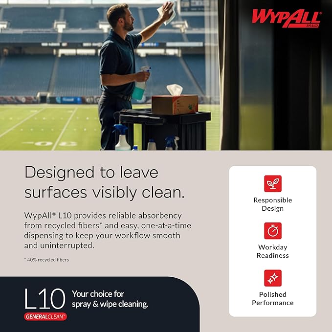 WypAll GeneralClean L10 Cloths Light Cleaning Wipes (42346), Pop-Up Box, Bulk Paper Wipers, White (24 Packs of 250 Sheets, 6,000 Sheet Total)