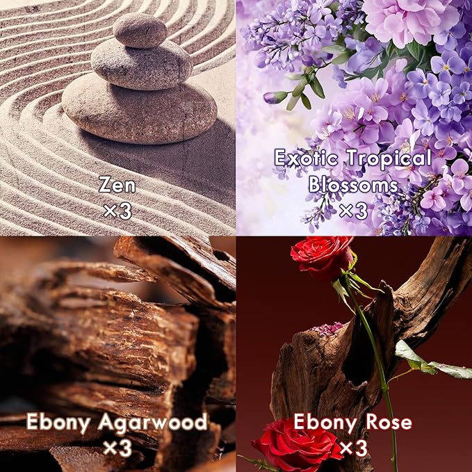 Plug In Refills Air Freshener -12 Pack Zen, Exotic Tropical Blossoms, Ebony Agarwood, Ebony Rose, 4 Scents for Home Bathroom Patio Compatible with Air Wick & Glade(Excludes Glade Plus)