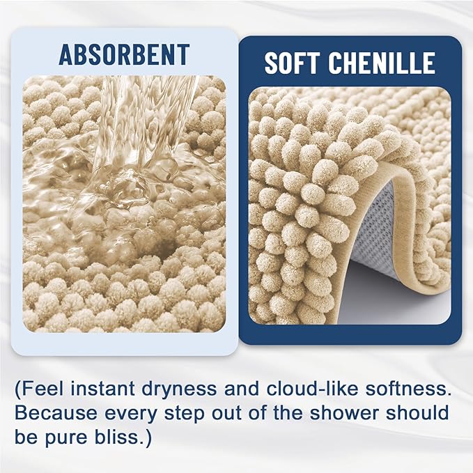 Grandaily Chenille Striped Bathroom Rugs 47x24, Extra Thick and Soft Absorbent Bath Mats, Rubber Backing, Plush Shaggy Shower Carpet, Machine Wash Dry, Bath Rug for Bathroom, Light Beige