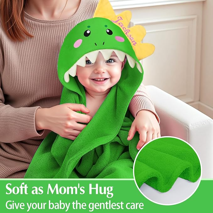 Baosity Custom Hooded Baby Towel with Name, Personalized Soft Absorbent Dinosaur Bath Towel, Shower Towels for Girls Boys, Easter Brithday for Kids Baby, Toddler, Newborn Essential