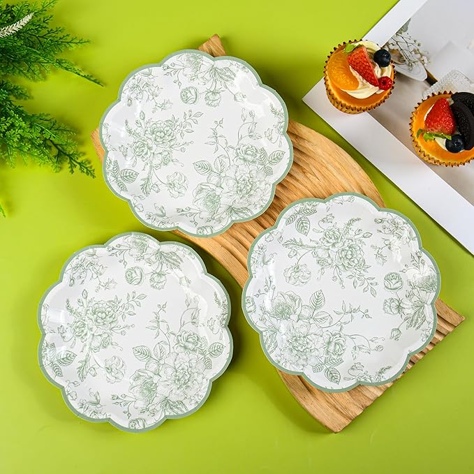 48 Pcs Sage Green Floral Party Plates Vintage Floral Leaf Disposable Paper Plates White Green Toile 7" Small Scalloped Dessert Plates for Spring Summer Garden Birthday Bridal Tea Party Supplies