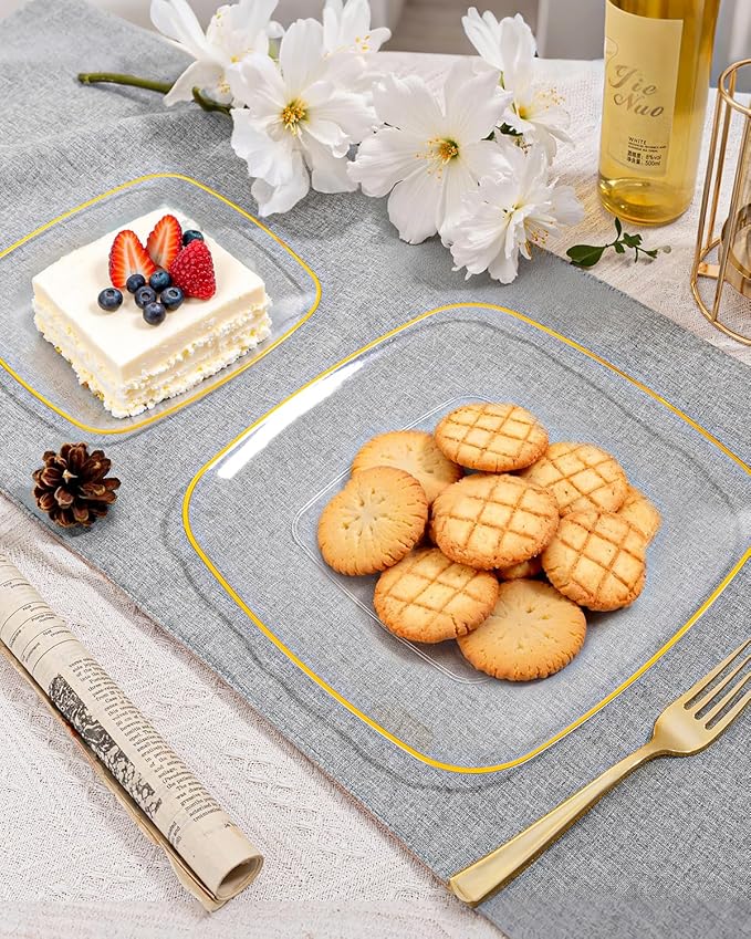 bUCLA 100PCS Clear and Gold Plastic Plates Disposable - Square Gold Heavy Duty - Include 50 Each (Dinner & Dessert) Plates for Party & Thanksgiving