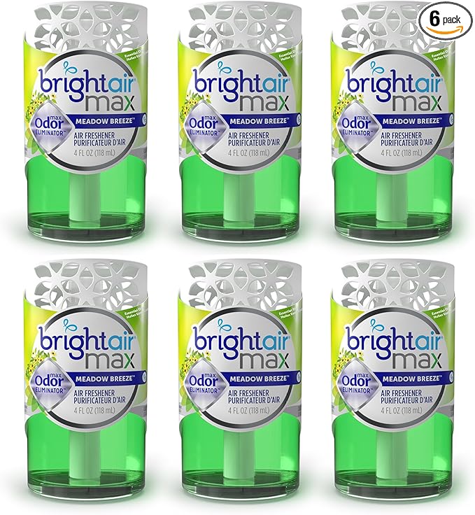 Bright Air Max 4 oz. Odor Eliminator Air Freshener, for Medium-Size Spaces, Meadow Breeze Scent, Case of 6, Lasts up to 60 Days Each