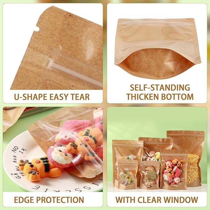 150-Pack Kraft Paper Bags with Clear Window 5x8 Reclosable Small Stand Up Mylar Bags for Food Storage Resealable Smell Proof Pouch, Edible Packaging, Reusable bags for Small Business