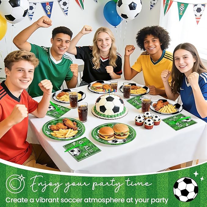 Mulbozy 100 Soccer Party Decorations, Soccer Themed Plates and Napkins Disposable Set Includes 25-9" & 25-7" Dessert Cake Plates, Napkins, Forks for for Birthday Party Supplies