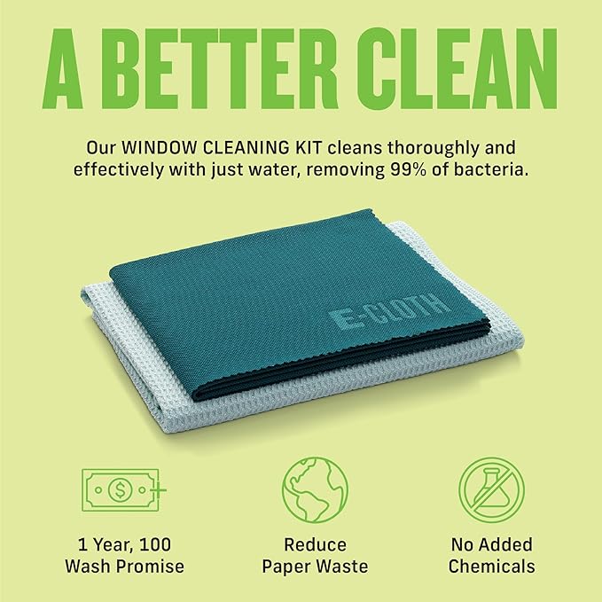 E-Cloth Window Cleaning Cloth - Eco Packaging - Glass Cleaning Cloth, Streak-Free Windows with Just Water, Microfiber Towel Kit for Windows, Car Windshield, Mirrors - Winter Green