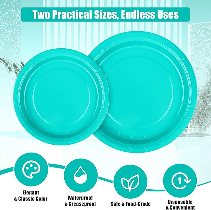 Kochorie 350 Pieces Teal Blue Dinnerware Set, 7 & 9 inch Dessert Paper Plates Cups Napkins Plastic Cutlery Disposable Party Supplies for Birthday Baby Shower Wedding, Serve 50 Guests