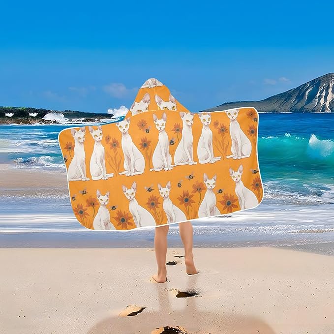 Kids Hooded Beach Towel Energetic Sphynx Cats Orange Hooded Beach Towel for Girl Boy Quick Dry Bath Towel with Hood