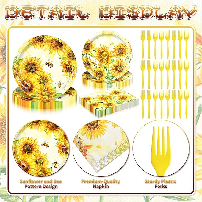 100 Pieces Sunflower Bee Party Tableware Set – Sunflower Plates, Napkins and Forks, Yellow Floral Disposable Dinnerware for Birthday, Baby Shower and Garden Party Supplies