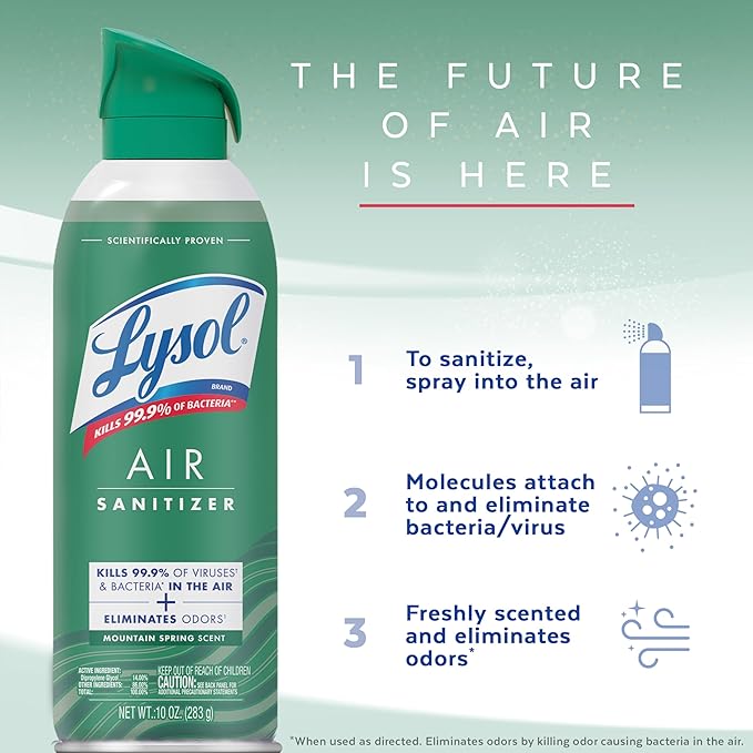 Lysol Air Sanitizer Spray with Bacterial Odor Eliminator for Home & Office, Sanitizing Air Spray, Air Freshener Alternative, Mountain Spring Scent, 10 oz (Pack of 3)