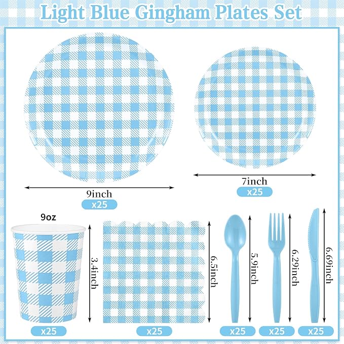NatNarr 175 Pcs Gingham Paper Plates, Boy Baby Shower Decorations Include Blue Gingham Plates and Napkins Cups Disposable Blue Dinnerware for Picnic, Wedding, Birthday