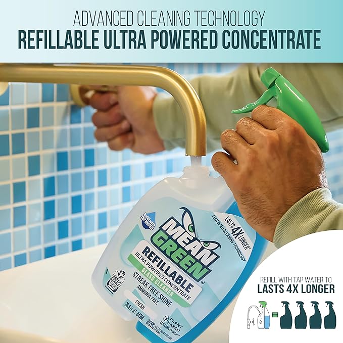 Mean Green Refillable Ultra Powered Glass Cleaner Concentrate, Fresh Scent, 14.3 fl oz – Plant & Mineral Based, Streak-Free Shine, Refillable Bottle Makes 4X Refills