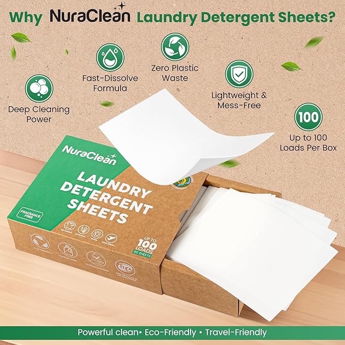 Concentrated Eco-friendly Laundry Detergent Sheets - Powerful Clean - Biodegradable - 50 Sheets (Up to 100 Loads) – Plastic‑Free, HE Compatible, Hypoallergenic & Travel Friendly (Unscented)