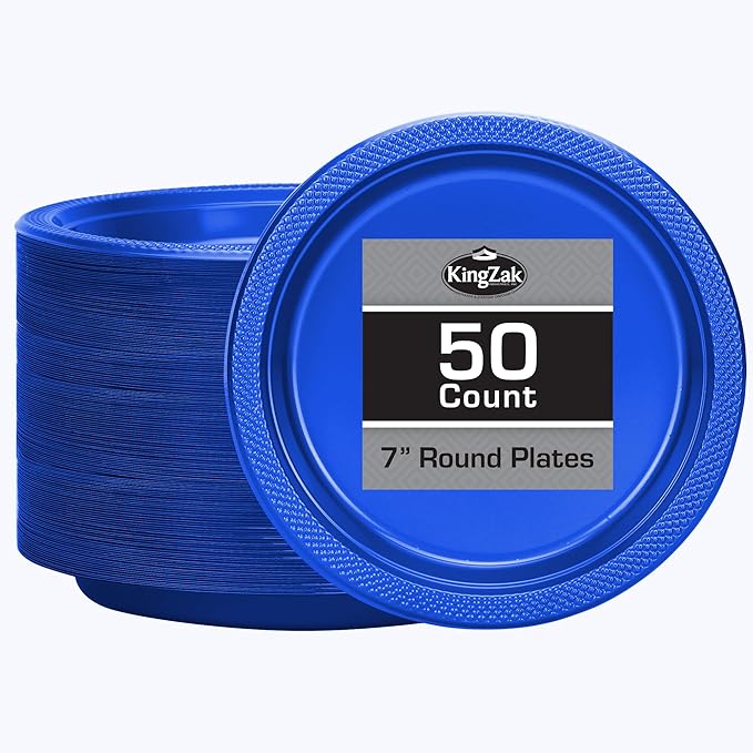 Blue Plastic Plates 7 Inch - 50 count - Plastic Solid Round Party Plates For Weddings, BBQs, Birthday Plates - Disposable Blue Plates - Plastic Dessert Plates