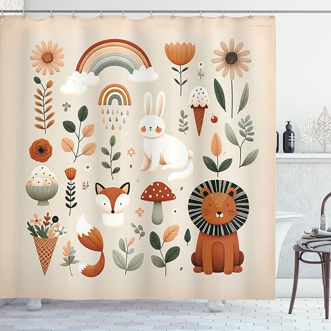 Ambesonne Jungle Shower Curtain, Happy Cartoon Lion Rabbit Fox Characters with Mushroom Rainbow Flowery, Cloth Fabric Bathroom Decor Set with Hooks, 69" W x 70" L, Cinnamon and Eggshell