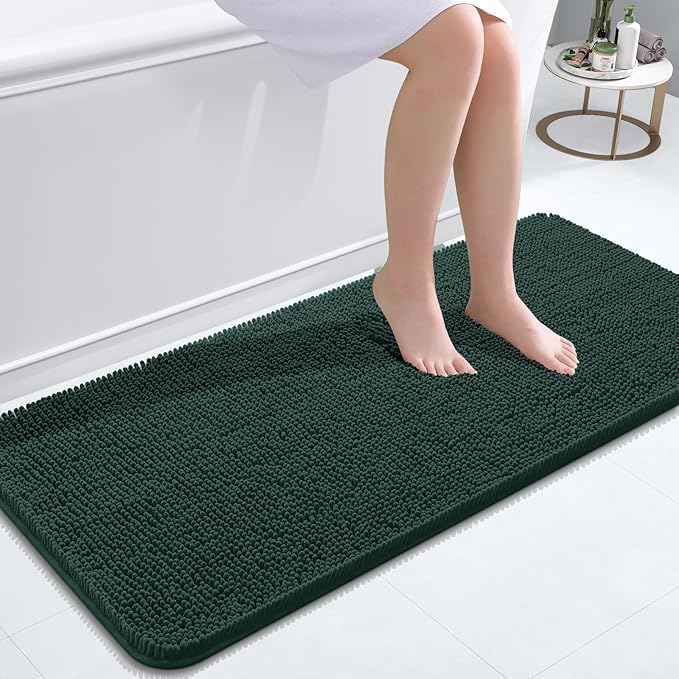OLANLY Bathroom Runner Rugs 47x20, Soft Absorbent Chenille Bath Rugs, Rubber Backing Quick Dry, Machine Washable Long Bath Mats for Bathroom, Tub and Shower, Home Decor Accessories, Blackish Green