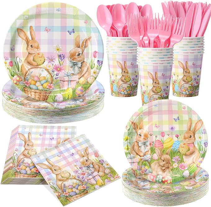 Pickmesh 400 Pcs Bunny Plates and Napkins Set, Bunny Party Decoration with Disposable Paper Plates, Napkins, Cups and Cutlery, Spring Rabbit Party Supplies, Serve 50 Guests