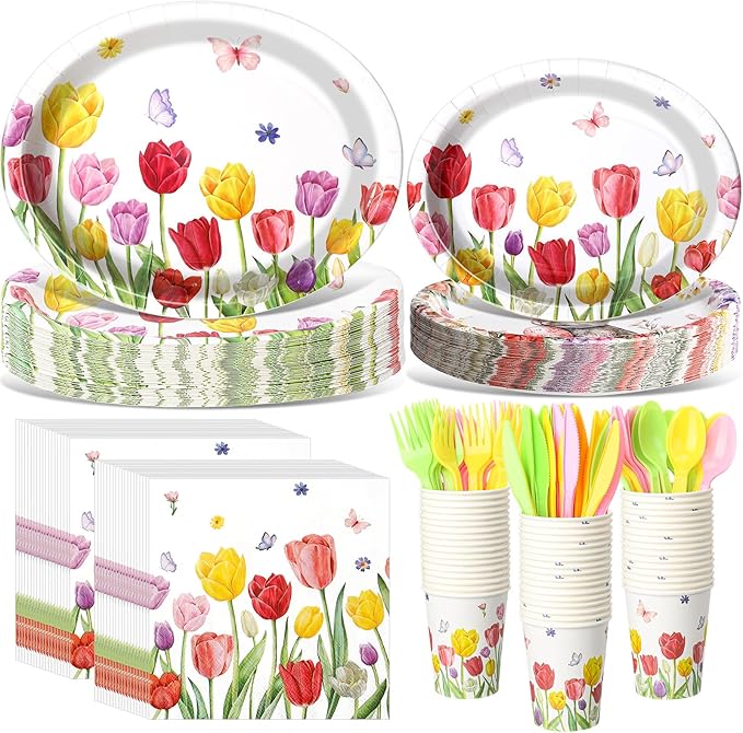 Havawish 350 Pcs Floral Party Supplies Tulip Disposable Tableware Set Tulip Oval Paper Plates Cups Napkins Fork Knife Spoon Dinnerwares for 50 Guests Baby Shower Wedding Birthday Party Decorations