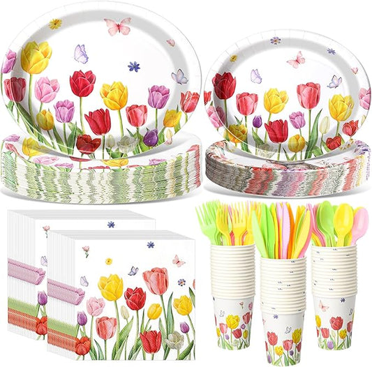 Havawish 350 Pcs Floral Party Supplies Tulip Disposable Tableware Set Tulip Oval Paper Plates Cups Napkins Fork Knife Spoon Dinnerwares for 50 Guests Baby Shower Wedding Birthday Party Decorations