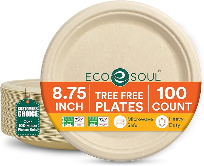 ECO SOUL Compostable Paper Plates 8.75 Inch, 100 Pack – Heavy Duty Disposable Dinner Paper Plates, Natural Bagasse, Leak-Resistant, Microwave Safe, Eco-Friendly Round Plates for Parties & Catering
