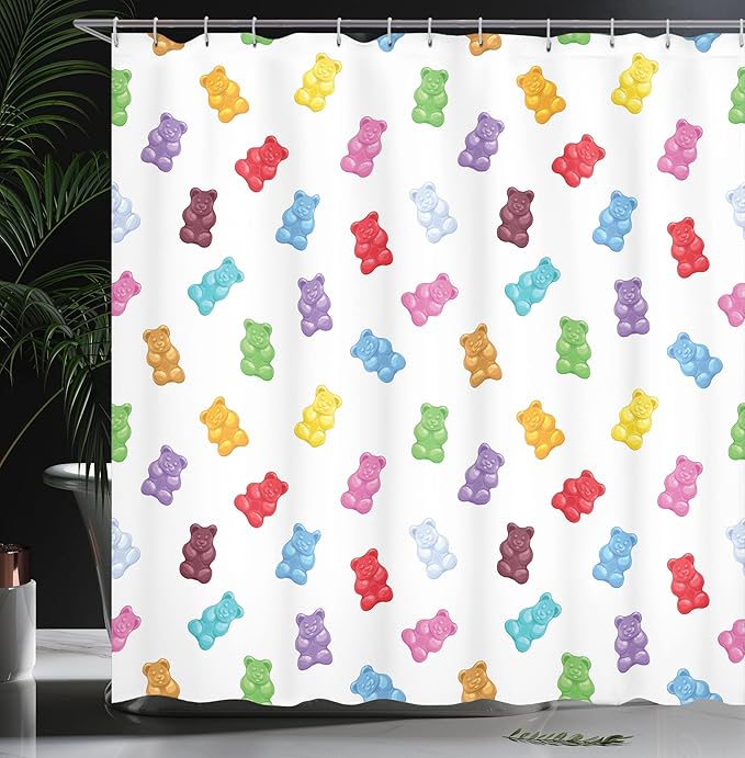 Ambesonne Sweets Shower Curtain, Colorful Gummy Bears Candy Yummy Jelly Playroom Theme, Cloth Fabric Bathroom Decor Set with Hooks, 69" W x 70" L, Pastel Yellow
